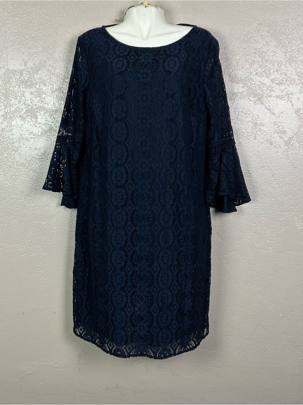 Chico's Dark Navy Lace Midi Dress with Bell Sleeves